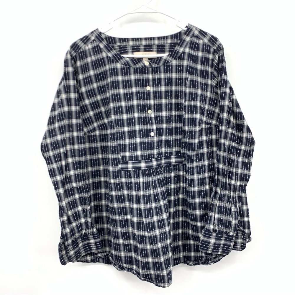 LOFT Ann Taylor Women Size 16 Top Long Sleeve 1/2 Button Blouse Blue White Plaid